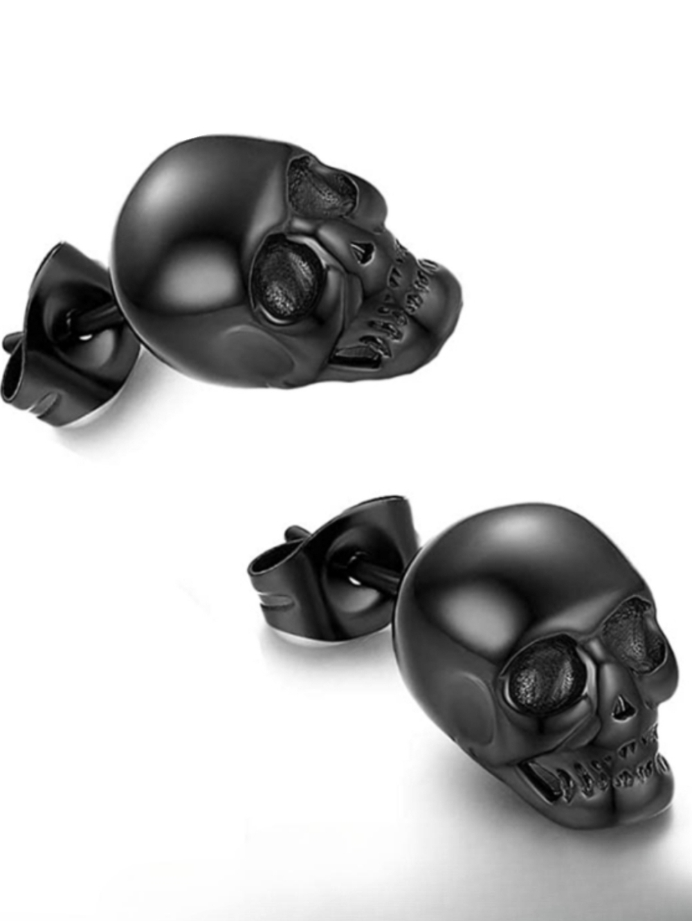 3D Black Skull Post Earrings Statement Studs Goth Metal Punk Rock Unisex Biker